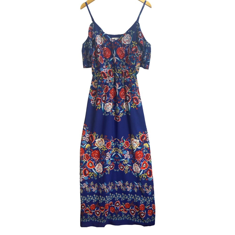 Boho Cottagecore Floral Maxi Dress M Royal Blue Red Rose Cold Shoulder Vacation